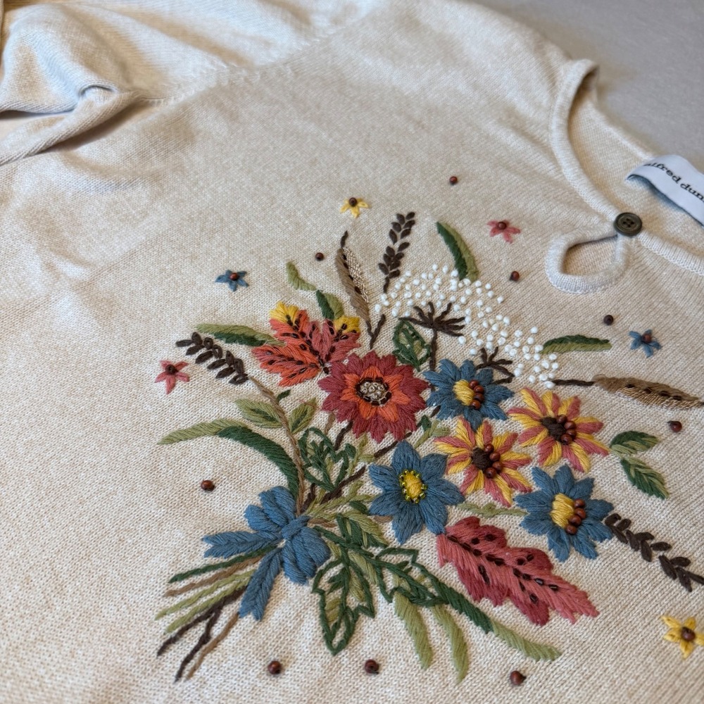 VTG Alfred Dunner Sweater Women L Tan Floral Embroidered Ramie Cotton Cottage